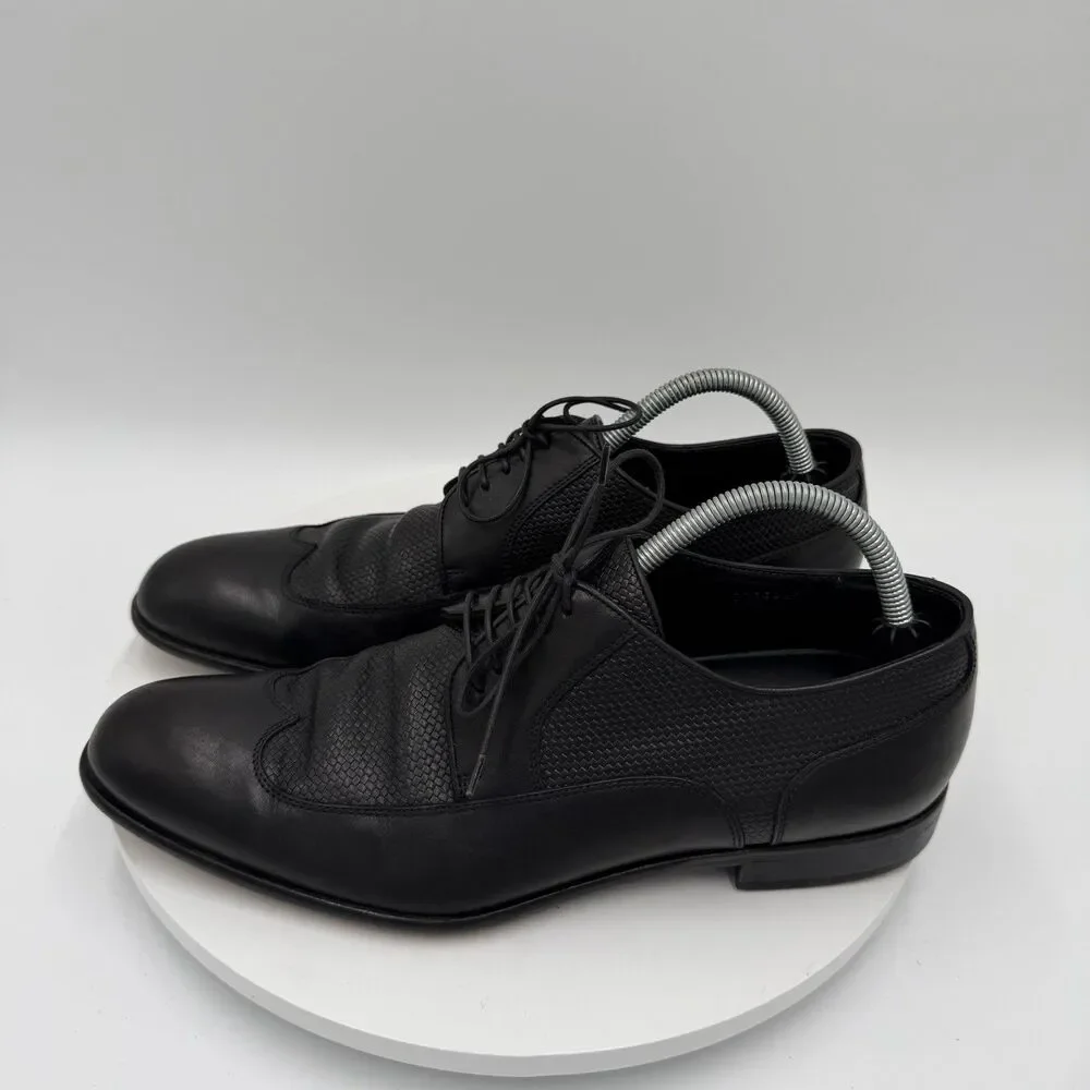 Hugo Boss Men’s 8 Black Leather Derby Wingtip Dress Shoes Woven‎ Panels Lace-Up